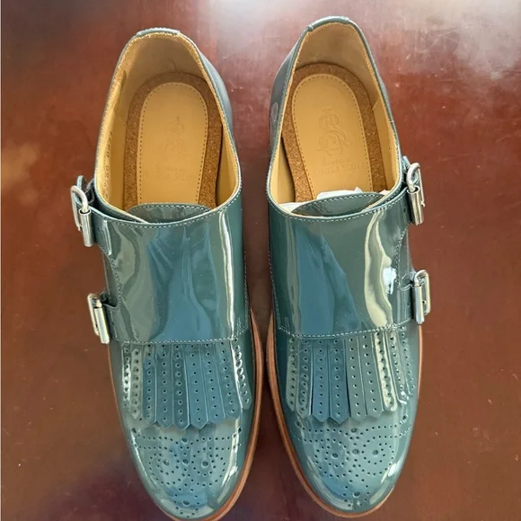Angela Scott Teal Patent Kiltie Double-Buckle Loafers